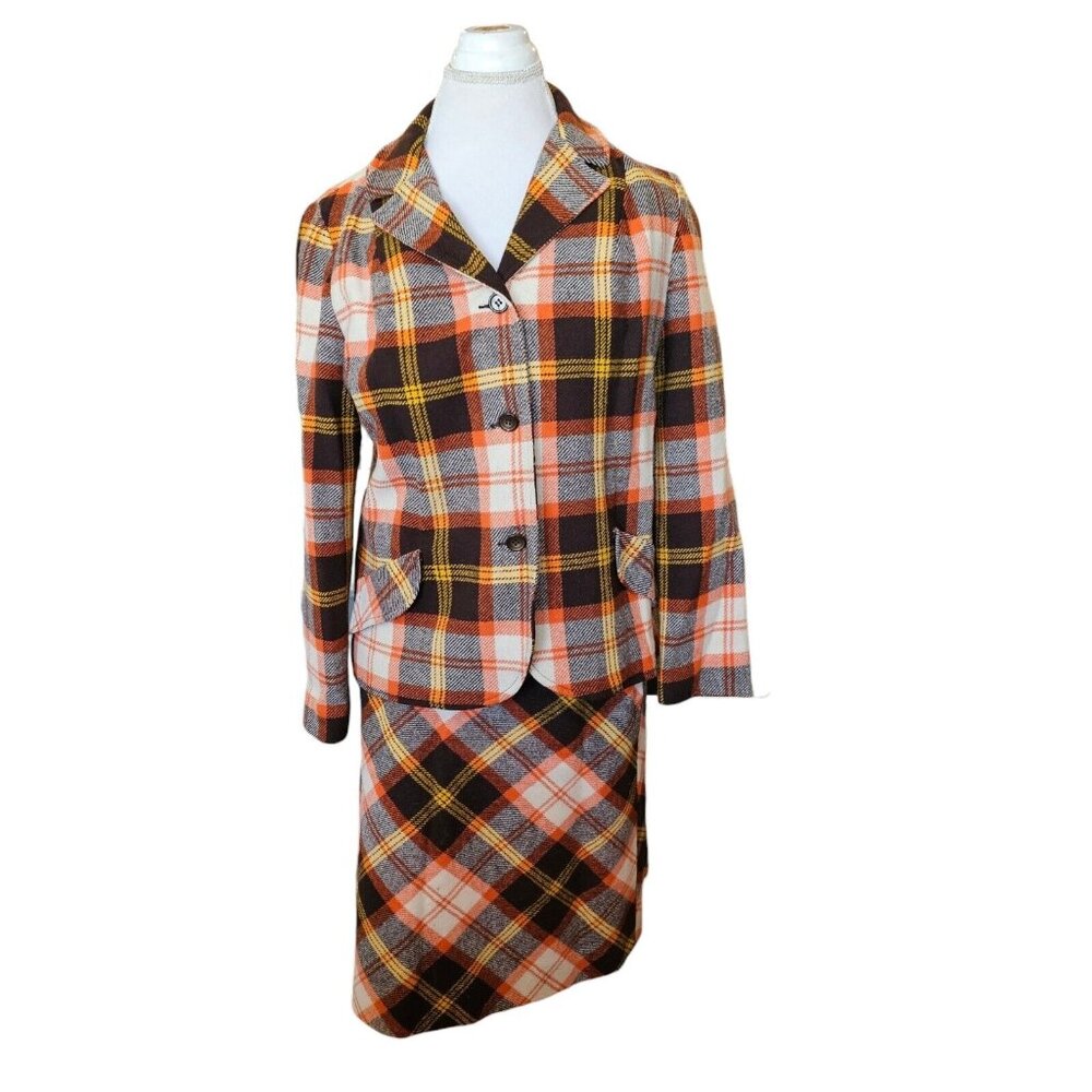 Vintage 60s Womens Wool Skirt Suit Set Plaid Size 8 Orange‎ Brown Preppy Office